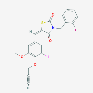 molecular formula C21H15FINO4S B300631 3-(2-Fluorobenzyl)-5-[3-iodo-5-methoxy-4-(2-propynyloxy)benzylidene]-1,3-thiazolidine-2,4-dione 