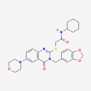 molecular formula C28H32N4O5S B3006358 2-[3-(1,3-benzodioxol-5-ylmethyl)-6-morpholin-4-yl-4-oxoquinazolin-2-yl]sulfanyl-N-cyclohexylacetamide CAS No. 689772-40-5