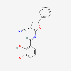 molecular formula C19H14N2O3 B3006382 2-{[(E)-(2-hydroxy-3-methoxyphenyl)methylidene]amino}-5-phenyl-3-furonitrile CAS No. 478033-34-0