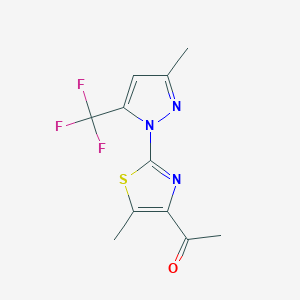 molecular formula C11H10F3N3OS B3006392 1-{5-methyl-2-[3-methyl-5-(trifluoromethyl)-1H-pyrazol-1-yl]-1,3-thiazol-4-yl}-1-ethanone CAS No. 956754-81-7