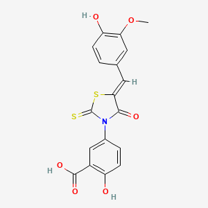 molecular formula C18H13NO6S2 B3006398 2-hydroxy-5-[(5Z)-5-[(4-hydroxy-3-methoxyphenyl)methylidene]-4-oxo-2-sulfanylidene-1,3-thiazolidin-3-yl]benzoic acid CAS No. 853903-74-9