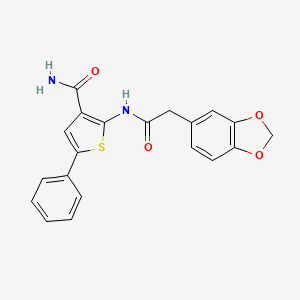 molecular formula C20H16N2O4S B3006400 2-(2-(Benzo[d][1,3]dioxol-5-yl)acetamido)-5-phenylthiophene-3-carboxamide CAS No. 946381-07-3