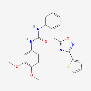 molecular formula C22H20N4O4S B3006499 1-(3,4-Dimethoxyphenyl)-3-(2-((3-(thiophen-2-yl)-1,2,4-oxadiazol-5-yl)methyl)phenyl)urea CAS No. 1797181-93-1