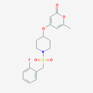 molecular formula C18H20FNO5S B3006571 4-((1-((2-fluorobenzyl)sulfonyl)piperidin-4-yl)oxy)-6-methyl-2H-pyran-2-one CAS No. 1706057-01-3