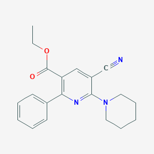 molecular formula C20H21N3O2 B3006575 Ethyl 5-cyano-2-phenyl-6-piperidinonicotinate CAS No. 477866-04-9