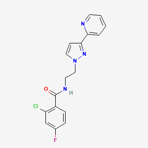 molecular formula C17H14ClFN4O B3006623 2-Chloro-4-fluoro-N-[2-(3-pyridin-2-ylpyrazol-1-yl)ethyl]benzamide CAS No. 1448077-32-4