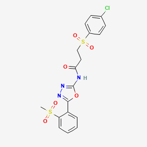 molecular formula C18H16ClN3O6S2 B3006639 3-((4-chlorophenyl)sulfonyl)-N-(5-(2-(methylsulfonyl)phenyl)-1,3,4-oxadiazol-2-yl)propanamide CAS No. 886926-70-1