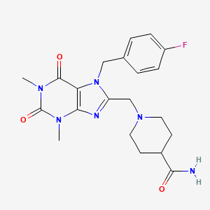 molecular formula C21H25FN6O3 B3006669 1-[[7-[(4-Fluorophenyl)methyl]-1,3-dimethyl-2,6-dioxopurin-8-yl]methyl]piperidine-4-carboxamide CAS No. 893969-59-0