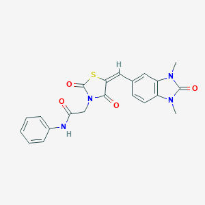 molecular formula C21H18N4O4S B300689 2-{5-[(1,3-dimethyl-2-oxo-2,3-dihydro-1H-benzimidazol-5-yl)methylene]-2,4-dioxo-1,3-thiazolidin-3-yl}-N-phenylacetamide 