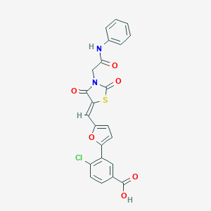 molecular formula C23H15ClN2O6S B300690 3-(5-{[3-(2-Anilino-2-oxoethyl)-2,4-dioxo-1,3-thiazolidin-5-ylidene]methyl}-2-furyl)-4-chlorobenzoic acid 