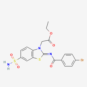 molecular formula C18H16BrN3O5S2 B3007003 (Z)-ethyl 2-(2-((4-bromobenzoyl)imino)-6-sulfamoylbenzo[d]thiazol-3(2H)-yl)acetate CAS No. 865247-56-9