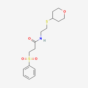 molecular formula C16H23NO4S2 B3007062 3-(苯磺酰基)-N-(2-((四氢-2H-吡喃-4-基)硫代)乙基)丙酰胺 CAS No. 2034484-58-5