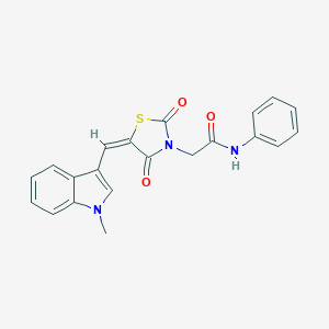 molecular formula C21H17N3O3S B300709 2-{(5E)-5-[(1-methyl-1H-indol-3-yl)methylidene]-2,4-dioxo-1,3-thiazolidin-3-yl}-N-phenylacetamide 