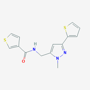 molecular formula C14H13N3OS2 B3007156 N-[(2-Methyl-5-thiophen-2-ylpyrazol-3-yl)methyl]thiophene-3-carboxamide CAS No. 2309589-45-3