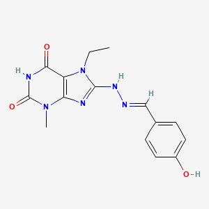 molecular formula C15H16N6O3 B3007164 (E)-7-ethyl-8-(2-(4-hydroxybenzylidene)hydrazinyl)-3-methyl-1H-purine-2,6(3H,7H)-dione CAS No. 683790-67-2