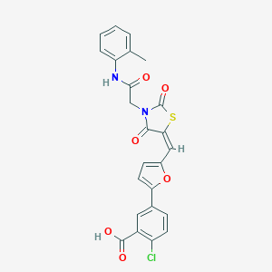 molecular formula C24H17ClN2O6S B300717 2-chloro-5-{5-[(E)-(3-{2-[(2-methylphenyl)amino]-2-oxoethyl}-2,4-dioxo-1,3-thiazolidin-5-ylidene)methyl]furan-2-yl}benzoic acid 