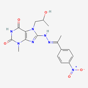 (E)-7-(2-hydroxypropyl)-3-methyl-8-(2-(1-(4-nitrophenyl)ethylidene)hydrazinyl)-1H-purine-2,6(3H,7H)-dione