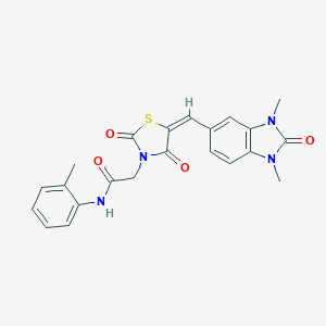 molecular formula C22H20N4O4S B300718 2-{(5E)-5-[(1,3-dimethyl-2-oxo-2,3-dihydro-1H-benzimidazol-5-yl)methylidene]-2,4-dioxo-1,3-thiazolidin-3-yl}-N-(2-methylphenyl)acetamide 