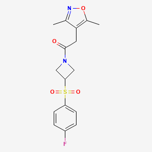 molecular formula C16H17FN2O4S B3007189 2-(3,5-二甲基异恶唑-4-基)-1-(3-((4-氟苯基)磺酰基)氮杂环丁-1-基)乙酮 CAS No. 1797630-67-1