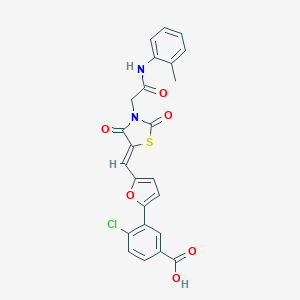 molecular formula C24H17ClN2O6S B300719 4-Chloro-3-[5-({2,4-dioxo-3-[2-oxo-2-(2-toluidino)ethyl]-1,3-thiazolidin-5-ylidene}methyl)-2-furyl]benzoic acid 