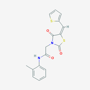 molecular formula C17H14N2O3S2 B300724 2-[(5E)-2,4-dioxo-5-(thiophen-2-ylmethylidene)-1,3-thiazolidin-3-yl]-N-(2-methylphenyl)acetamide 