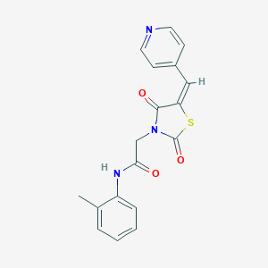 molecular formula C18H15N3O3S B300727 2-[(5E)-2,4-dioxo-5-(pyridin-4-ylmethylidene)-1,3-thiazolidin-3-yl]-N-(2-methylphenyl)acetamide 