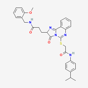 molecular formula C32H33N5O4S B3007288 N-[(2-methoxyphenyl)methyl]-3-{3-oxo-5-[({[4-(propan-2-yl)phenyl]carbamoyl}methyl)sulfanyl]-2H,3H-imidazo[1,2-c]quinazolin-2-yl}propanamide CAS No. 1219346-97-0