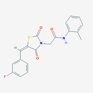 molecular formula C19H15FN2O3S B300730 2-[5-(3-fluorobenzylidene)-2,4-dioxo-1,3-thiazolidin-3-yl]-N-(2-methylphenyl)acetamide 