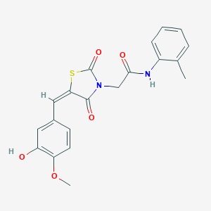 molecular formula C20H18N2O5S B300732 2-[(5E)-5-(3-hydroxy-4-methoxybenzylidene)-2,4-dioxo-1,3-thiazolidin-3-yl]-N-(2-methylphenyl)acetamide 