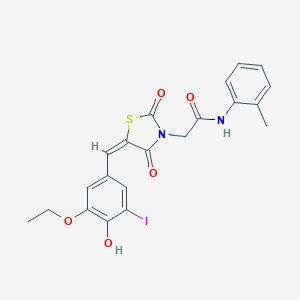 molecular formula C21H19IN2O5S B300735 2-[5-(3-ethoxy-4-hydroxy-5-iodobenzylidene)-2,4-dioxo-1,3-thiazolidin-3-yl]-N-(2-methylphenyl)acetamide 