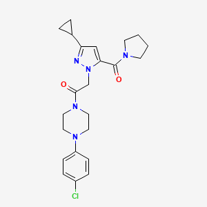 molecular formula C23H28ClN5O2 B3007379 1-[4-(4-chlorophenyl)piperazino]-2-[3-cyclopropyl-5-(1-pyrrolidinylcarbonyl)-1H-pyrazol-1-yl]-1-ethanone CAS No. 1251694-16-2