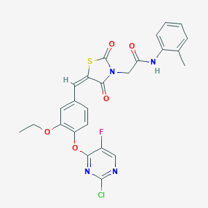 molecular formula C25H20ClFN4O5S B300739 2-(5-{4-[(2-chloro-5-fluoro-4-pyrimidinyl)oxy]-3-ethoxybenzylidene}-2,4-dioxo-1,3-thiazolidin-3-yl)-N-(2-methylphenyl)acetamide 