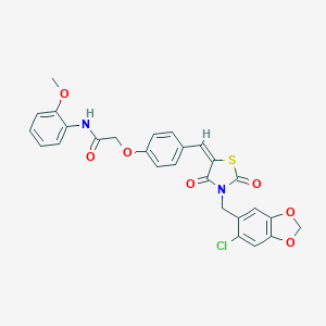 molecular formula C27H21ClN2O7S B300741 2-[4-({3-[(6-chloro-1,3-benzodioxol-5-yl)methyl]-2,4-dioxo-1,3-thiazolidin-5-ylidene}methyl)phenoxy]-N-(2-methoxyphenyl)acetamide 