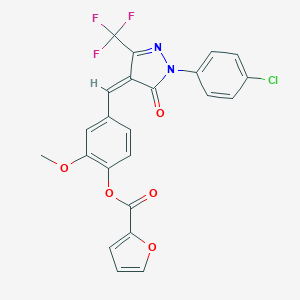 molecular formula C23H14ClF3N2O5 B300743 4-{[1-(4-chlorophenyl)-5-oxo-3-(trifluoromethyl)-1,5-dihydro-4H-pyrazol-4-ylidene]methyl}-2-methoxyphenyl 2-furoate 