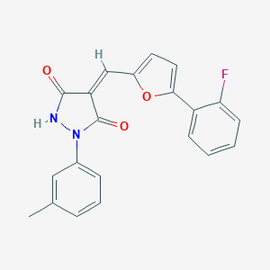 molecular formula C21H15FN2O3 B300744 4-{[5-(2-Fluorophenyl)-2-furyl]methylene}-1-(3-methylphenyl)-3,5-pyrazolidinedione 