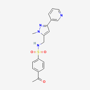 molecular formula C18H18N4O3S B3007473 4-acetyl-N-((1-methyl-3-(pyridin-3-yl)-1H-pyrazol-5-yl)methyl)benzenesulfonamide CAS No. 2034552-19-5