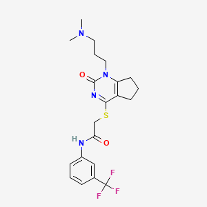 molecular formula C21H25F3N4O2S B3007537 2-((1-(3-(二甲氨基)丙基)-2-氧代-2,5,6,7-四氢-1H-环戊并[d]嘧啶-4-基)硫代)-N-(3-(三氟甲基)苯基)乙酰胺 CAS No. 898459-86-4