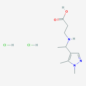 molecular formula C10H19Cl2N3O2 B3007602 3-[1-(1,5-Dimethylpyrazol-4-yl)ethylamino]propanoic acid;dihydrochloride CAS No. 2580205-24-7