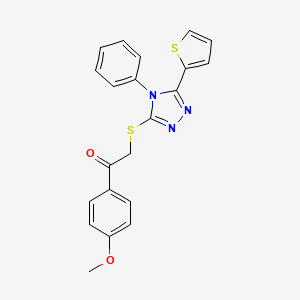 molecular formula C21H17N3O2S2 B3007691 1-(4-methoxyphenyl)-2-((4-phenyl-5-(thiophen-2-yl)-4H-1,2,4-triazol-3-yl)thio)ethanone CAS No. 326881-98-5