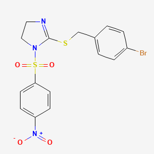 molecular formula C16H14BrN3O4S2 B3007708 2-[(4-Bromophenyl)methylsulfanyl]-1-(4-nitrophenyl)sulfonyl-4,5-dihydroimidazole CAS No. 868217-12-3
