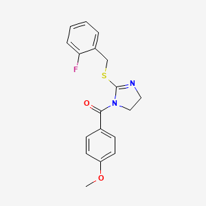 molecular formula C18H17FN2O2S B3007758 (2-((2-fluorobenzyl)thio)-4,5-dihydro-1H-imidazol-1-yl)(4-methoxyphenyl)methanone CAS No. 851806-77-4