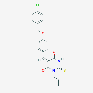 molecular formula C21H17ClN2O3S B300776 (5E)-5-{4-[(4-chlorobenzyl)oxy]benzylidene}-1-(prop-2-en-1-yl)-2-thioxodihydropyrimidine-4,6(1H,5H)-dione 