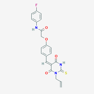 molecular formula C22H18FN3O4S B300777 2-(4-{(E)-[4,6-dioxo-1-(prop-2-en-1-yl)-2-thioxotetrahydropyrimidin-5(2H)-ylidene]methyl}phenoxy)-N-(4-fluorophenyl)acetamide 
