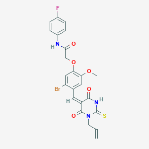 molecular formula C23H19BrFN3O5S B300780 2-(5-bromo-4-{(E)-[4,6-dioxo-1-(prop-2-en-1-yl)-2-thioxotetrahydropyrimidin-5(2H)-ylidene]methyl}-2-methoxyphenoxy)-N-(4-fluorophenyl)acetamide 