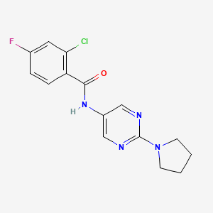 molecular formula C15H14ClFN4O B3007816 2-chloro-4-fluoro-N-(2-pyrrolidin-1-ylpyrimidin-5-yl)benzamide CAS No. 1358538-88-1