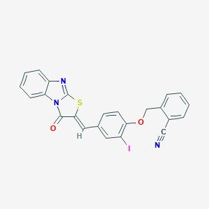 molecular formula C24H14IN3O2S B300786 2-({2-iodo-4-[(Z)-(3-oxo[1,3]thiazolo[3,2-a]benzimidazol-2(3H)-ylidene)methyl]phenoxy}methyl)benzonitrile 