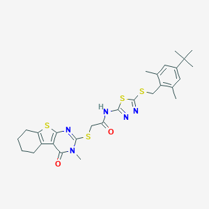 molecular formula C28H33N5O2S4 B300789 N-{5-[(4-tert-butyl-2,6-dimethylbenzyl)sulfanyl]-1,3,4-thiadiazol-2-yl}-2-[(3-methyl-4-oxo-3,4,5,6,7,8-hexahydro[1]benzothieno[2,3-d]pyrimidin-2-yl)sulfanyl]acetamide 
