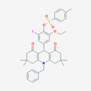 molecular formula C39H42INO6S B300791 4-(10-Benzyl-3,3,6,6-tetramethyl-1,8-dioxo-1,2,3,4,5,6,7,8,9,10-decahydro-9-acridinyl)-2-ethoxy-6-iodophenyl 4-methylbenzenesulfonate 
