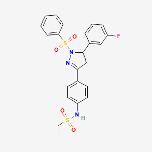 molecular formula C23H22FN3O4S2 B3007928 N-(4-(5-(3-fluorophenyl)-1-(phenylsulfonyl)-4,5-dihydro-1H-pyrazol-3-yl)phenyl)ethanesulfonamide CAS No. 851781-78-7
