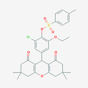 molecular formula C32H35ClO7S B300793 2-chloro-6-ethoxy-4-(3,3,6,6-tetramethyl-1,8-dioxo-2,3,4,5,6,7,8,9-octahydro-1H-xanthen-9-yl)phenyl 4-methylbenzenesulfonate 